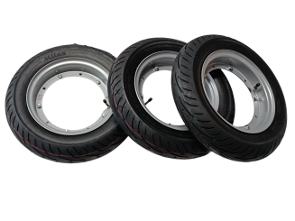 Kompletträdersatz Sommerreifen für Ape 50 bis Bj. 2017 , Felgen Silber inkl. Reifen 100/90-10 56J Mitas Touring Force - SC 